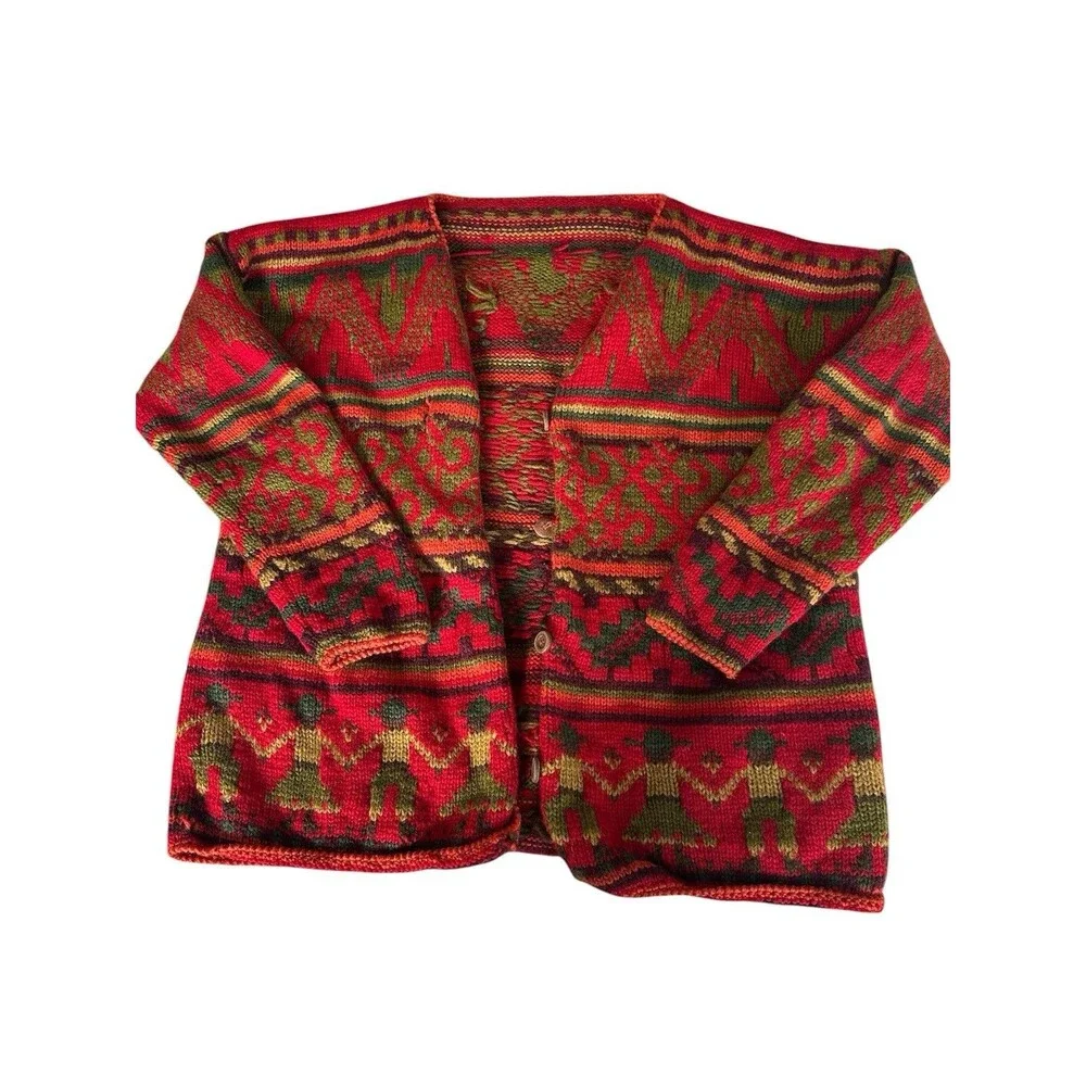 Vintage Hand Knit Wool Cardigan South American Motif Red Green Chunky Boho L/XL - Picture 9 of 10